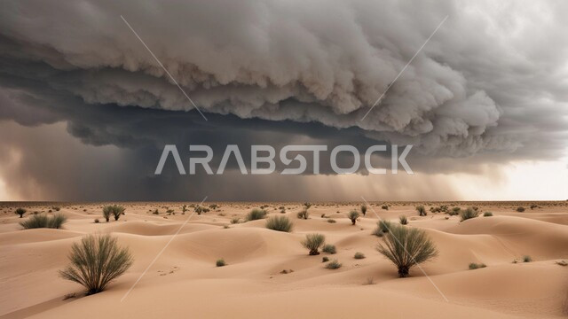 الظواهر والكوارث الطبيعية، منظر الإعصار الهوائي في الصحراء, رياح ترابية في المناطق الصحراوية, الكثبان والرمال الذهبية الناعمة، التشكيلات والتكوينات الرملية في المملكة العربية السعودية, النباتات والشوكيات البرية، الزوابع الغبارية القوية في الصحاري