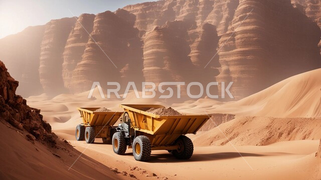  سيارة شحن كبيرة تقوم بالعمل في موقع التعدين، التخلص من الأتربة والصخور ونقلها بعيدا، أماكن مناجم الفحم الطبيعي، مناطق التنقيب عن الثروات الباطنية، الطبيعة الصخرية وتضاريس السلاسل الجبلية، المرتفعات وقمم الجبال في المملكة العربية السعودية