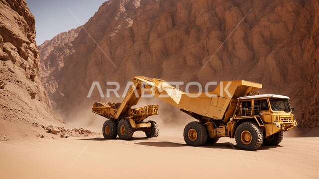  سيارة شحن كبيرة تقوم بالعمل في موقع التعدين، التخلص من الأتربة والصخور ونقلها بعيدا، أماكن مناجم الفحم الطبيعي، مناطق التنقيب عن الثروات الباطنية، الطبيعة الصخرية وتضاريس السلاسل الجبلية، المرتفعات وقمم الجبال في المملكة العربية السعودية
