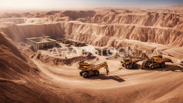  سيارات شحن كبيرة تقوم بالعمل في موقع التعدين، التخلص من الأتربة والصخور ونقلها بعيدا، أماكن مناجم الفحم الطبيعي، مناطق التنقيب عن الثروات الباطنية، الطبيعة الصخرية وتضاريس السلاسل الجبلية، المرتفعات وقمم الجبال في المملكة العربية السعودية