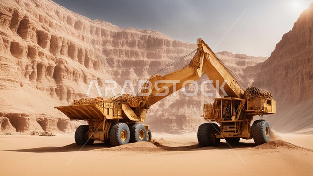  سيارة شحن كبيرة تقوم بالعمل في موقع التعدين، التخلص من الأتربة والصخور ونقلها بعيدا، أماكن مناجم الفحم الطبيعي، مناطق التنقيب عن الثروات الباطنية، الطبيعة الصخرية وتضاريس السلاسل الجبلية، المرتفعات وقمم الجبال في المملكة العربية السعودية