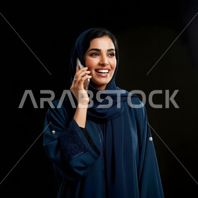  تعابير الفرح عند سماع الاخبار السارة، الإجابة والرد على الاتصالات بإستخدام الهاتف المحمول، بورتريه مقرب لامرأة عربية سعودية خليجية محجبة تقوم بإجراء مكالمة صوتية عبر الجوال، قضاء اوقات ممتعة بتبادل الاخبار والأحاديث، التواصل والاطمئنان على الأصدقاء، خلفية سوداء
