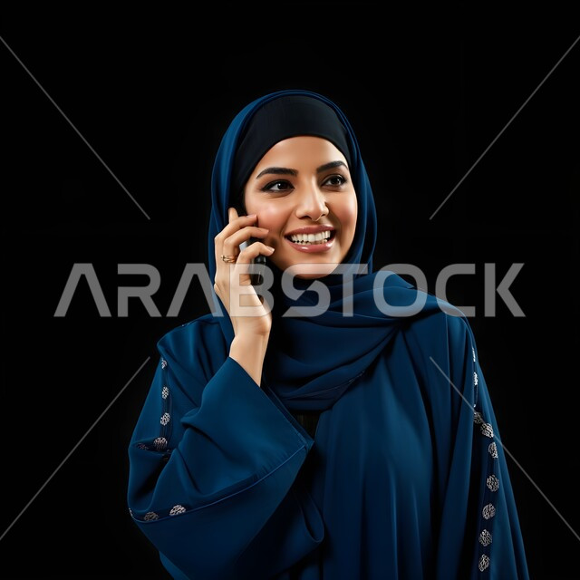 الإجابة والرد على الاتصالات بإستخدام الهاتف المحمول، بورتريه مقرب لامرأة عربية سعودية خليجية محجبة تقوم بإجراء مكالمة صوتية عبر الجوال، تعابير الفرح عند سماع الاخبار السارة، قضاء اوقات ممتعة بتبادل الاخبار والأحاديث، التواصل والاطمئنان على الأصدقاء، خلفية سوداء