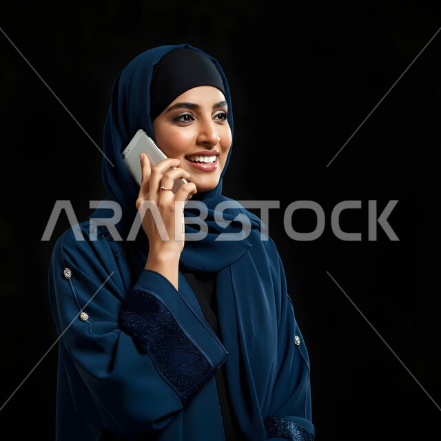 الإجابة والرد على الاتصالات بإستخدام الهاتف المحمول، بورتريه مقرب لامرأة عربية سعودية خليجية محجبة تقوم بإجراء مكالمة صوتية عبر الجوال، تعابير الفرح عند سماع الاخبار السارة، قضاء اوقات ممتعة بتبادل الاخبار والأحاديث، التواصل والاطمئنان على الأصدقاء، خلفية سوداء