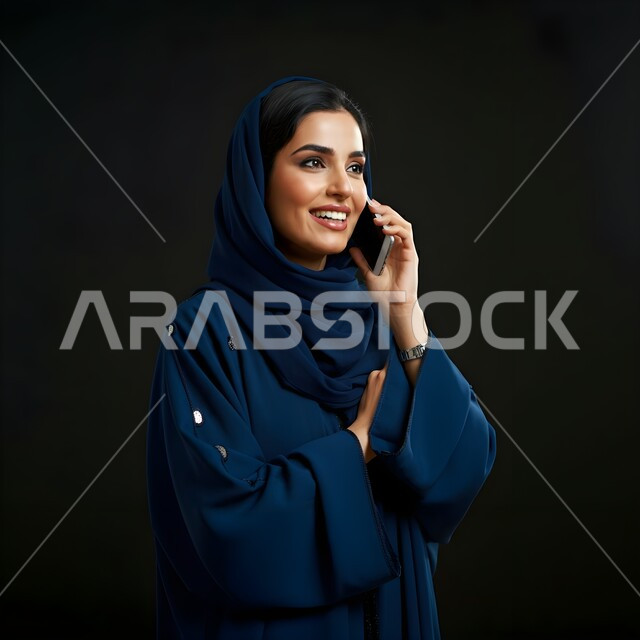 الإجابة والرد على الاتصالات بإستخدام الهاتف المحمول، بورتريه مقرب لامرأة عربية سعودية خليجية محجبة تقوم بإجراء مكالمة صوتية عبر الجوال، تعابير الفرح عند سماع الاخبار السارة، قضاء اوقات ممتعة بتبادل الاخبار والأحاديث، التواصل والاطمئنان على الأصدقاء، خلفية سوداء