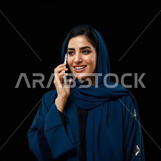 الإجابة والرد على الاتصالات بإستخدام الهاتف المحمول، بورتريه مقرب لامرأة عربية سعودية خليجية محجبة تقوم بإجراء مكالمة صوتية عبر الجوال، تعابير الفرح عند سماع الاخبار السارة، قضاء اوقات ممتعة بتبادل الاخبار والأحاديث، التواصل والاطمئنان على الأصدقاء، خلفية سوداء