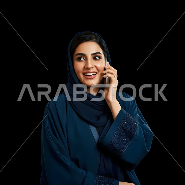 التواصل والاطمئنان على الأصدقاء, بورتريه مقرب لامرأة عربية سعودية خليجية محجبة تقوم بإجراء مكالمة صوتية عبر الجوال، الإجابة والرد على الاتصالات بإستخدام الهاتف المحمول، تعابير الفرح عند سماع الاخبار السارة، قضاء اوقات ممتعة بتبادل الاخبار والأحاديث، خلفية سوداء