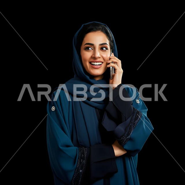 التواصل والاطمئنان على الأصدقاء, بورتريه مقرب لامرأة عربية سعودية خليجية محجبة تقوم بإجراء مكالمة صوتية عبر الجوال، الإجابة والرد على الاتصالات بإستخدام الهاتف المحمول، تعابير الفرح عند سماع الاخبار السارة، قضاء اوقات ممتعة بتبادل الاخبار والأحاديث، خلفية سوداء