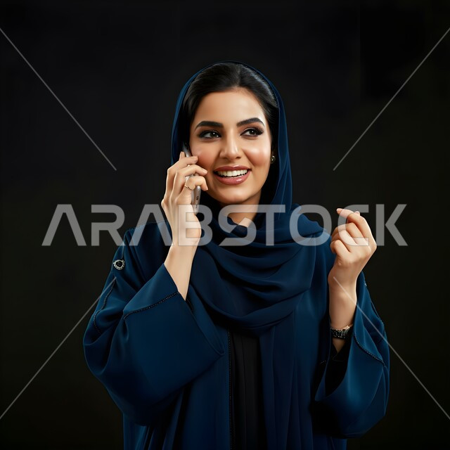 قضاء اوقات ممتعة بتبادل الاخبار والأحاديث، التواصل والاطمئنان على الأصدقاء, بورتريه مقرب لامرأة عربية سعودية خليجية محجبة تقوم بإجراء مكالمة صوتية عبر الجوال، الإجابة والرد على الاتصالات بإستخدام الهاتف المحمول، تعابير الفرح عند سماع الاخبار السارة، خلفية سوداء