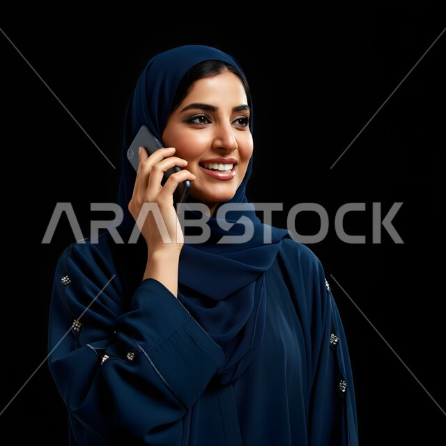 قضاء اوقات ممتعة بتبادل الاخبار والأحاديث، التواصل والاطمئنان على الأصدقاء, بورتريه مقرب لامرأة عربية سعودية خليجية محجبة تقوم بإجراء مكالمة صوتية عبر الجوال، الإجابة والرد على الاتصالات بإستخدام الهاتف المحمول، تعابير الفرح عند سماع الاخبار السارة، خلفية سوداء