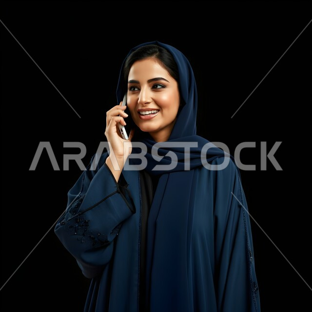قضاء اوقات ممتعة بتبادل الاخبار والأحاديث، التواصل والاطمئنان على الأصدقاء, بورتريه مقرب لامرأة عربية سعودية خليجية محجبة تقوم بإجراء مكالمة صوتية عبر الجوال، الإجابة والرد على الاتصالات بإستخدام الهاتف المحمول، تعابير الفرح عند سماع الاخبار السارة، خلفية سوداء