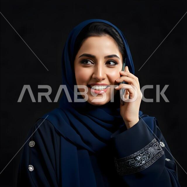 قضاء اوقات ممتعة بتبادل الاخبار والأحاديث، التواصل والاطمئنان على الأصدقاء, بورتريه مقرب لامرأة عربية سعودية خليجية محجبة تقوم بإجراء مكالمة صوتية عبر الجوال، الإجابة والرد على الاتصالات بإستخدام الهاتف المحمول، تعابير الفرح عند سماع الاخبار السارة، خلفية سوداء