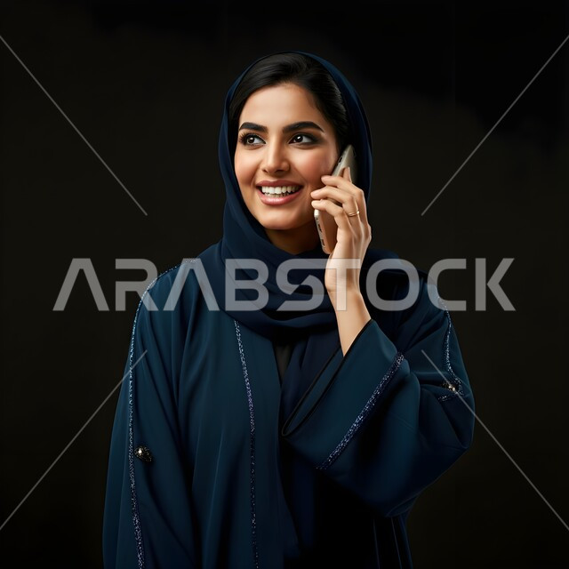 قضاء اوقات ممتعة بتبادل الاخبار والأحاديث، التواصل والاطمئنان على الأصدقاء, بورتريه مقرب لامرأة عربية سعودية خليجية محجبة تقوم بإجراء مكالمة صوتية عبر الجوال، الإجابة والرد على الاتصالات بإستخدام الهاتف المحمول، تعابير الفرح عند سماع الاخبار السارة، خلفية سوداء