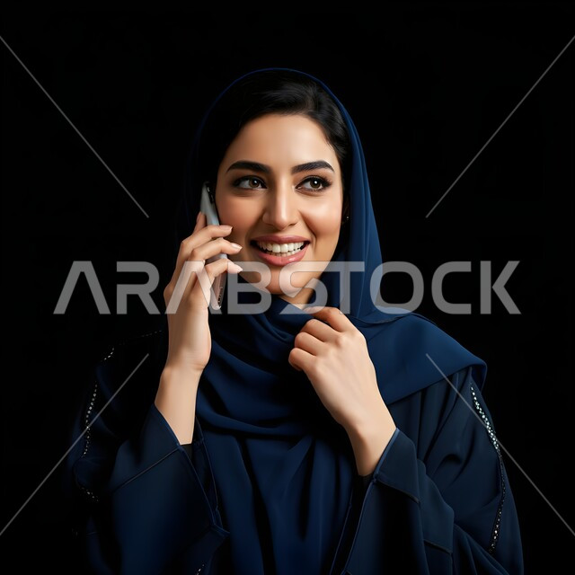 تعابير الفرح عند سماع الاخبار السارة، الإجابة والرد على الاتصالات بإستخدام الهاتف المحمول، التواصل والاطمئنان على الأصدقاء, قضاء اوقات ممتعة بتبادل الاخبار والأحاديث، بورتريه مقرب لامرأة عربية سعودية خليجية محجبة تقوم بإجراء مكالمة صوتية عبر الجوال، خلفية سوداء