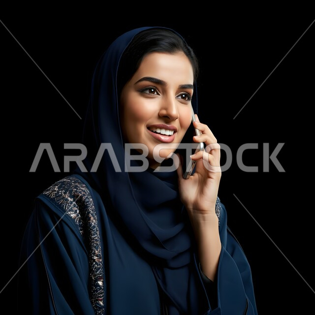 تعابير الفرح عند سماع الاخبار السارة، الإجابة والرد على الاتصالات بإستخدام الهاتف المحمول، التواصل والاطمئنان على الأصدقاء, قضاء اوقات ممتعة بتبادل الاخبار والأحاديث، بورتريه مقرب لامرأة عربية سعودية خليجية محجبة تقوم بإجراء مكالمة صوتية عبر الجوال، خلفية سوداء