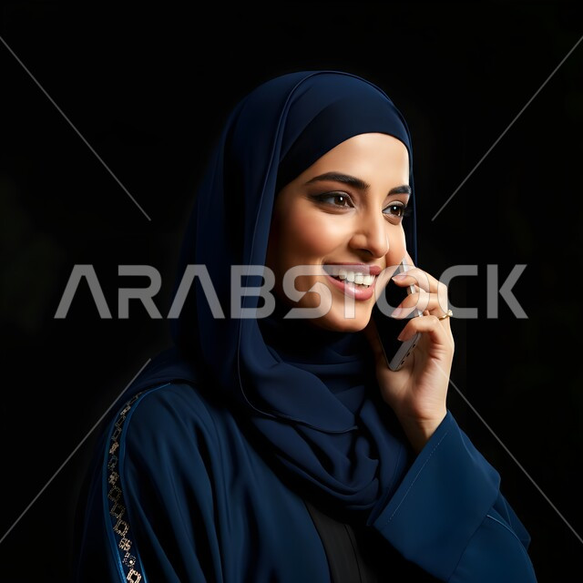 Expressions of joy when hearing good news, answering and replying to calls using a mobile phone, communicating and checking on friends, spending enjoyable times exchanging news and conversations, a close-up portrait of a veiled Saudi Arabian Gulf woman making a voice call via mobile phone, black background