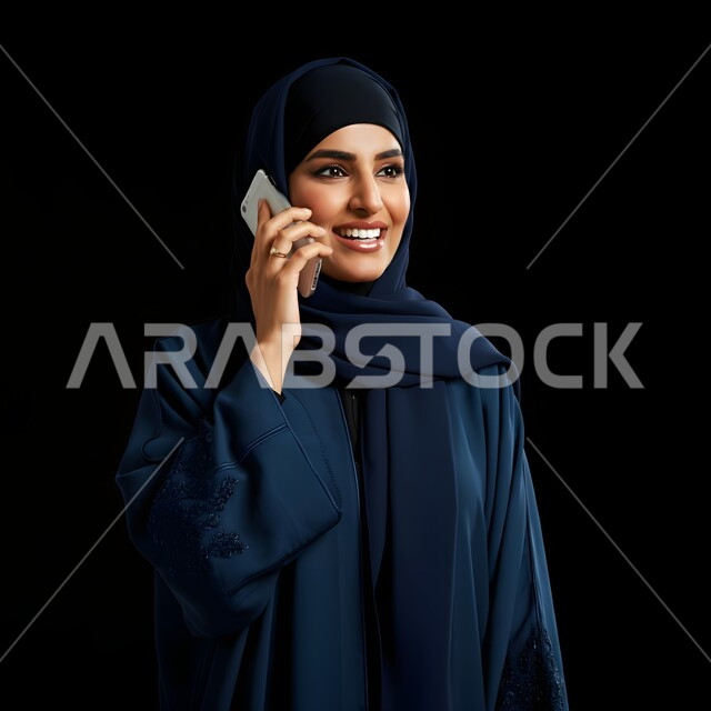 تعابير الفرح عند سماع الاخبار السارة، الإجابة والرد على الاتصالات بإستخدام الهاتف المحمول، التواصل والاطمئنان على الأصدقاء, قضاء اوقات ممتعة بتبادل الاخبار والأحاديث، بورتريه مقرب لامرأة عربية سعودية خليجية محجبة تقوم بإجراء مكالمة صوتية عبر الجوال، خلفية سوداء