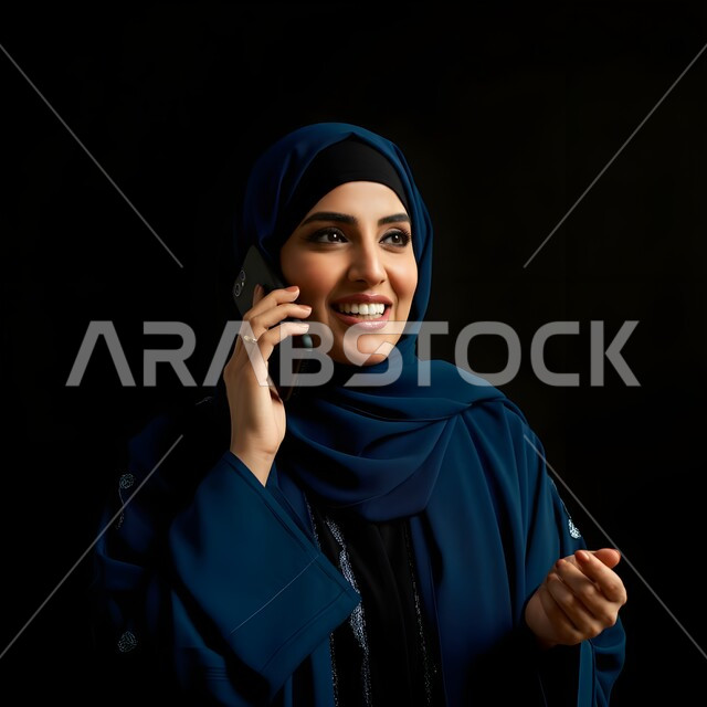 تعابير الفرح عند سماع الاخبار السارة، الإجابة والرد على الاتصالات بإستخدام الهاتف المحمول، التواصل والاطمئنان على الأصدقاء, قضاء اوقات ممتعة بتبادل الاخبار والأحاديث، بورتريه مقرب لامرأة عربية سعودية خليجية محجبة تقوم بإجراء مكالمة صوتية عبر الجوال، خلفية سوداء