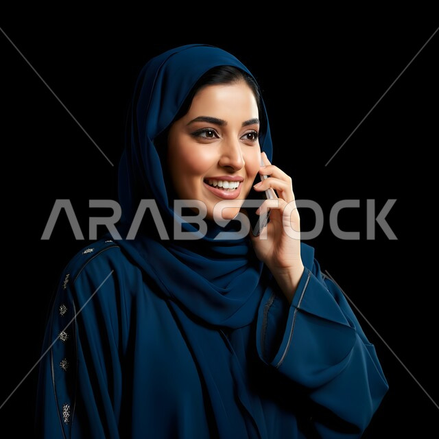 الإجابة والرد على الاتصالات بإستخدام الهاتف المحمول، التواصل والاطمئنان على الأصدقاء, قضاء اوقات ممتعة بتبادل الاخبار والأحاديث، بورتريه مقرب لامرأة عربية سعودية خليجية محجبة تقوم بإجراء مكالمة صوتية عبر الجوال، تعابير الفرح عند سماع الاخبار السارة، خلفية سوداء