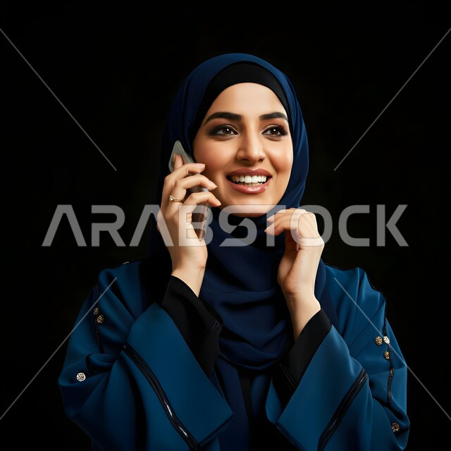 الإجابة والرد على الاتصالات بإستخدام الهاتف المحمول، التواصل والاطمئنان على الأصدقاء, قضاء اوقات ممتعة بتبادل الاخبار والأحاديث، بورتريه مقرب لامرأة عربية سعودية خليجية محجبة تقوم بإجراء مكالمة صوتية عبر الجوال، تعابير الفرح عند سماع الاخبار السارة، خلفية سوداء