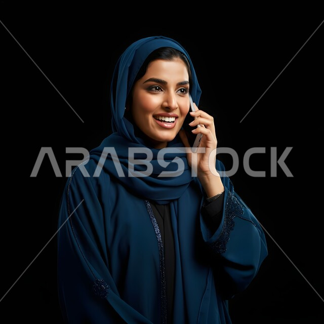 الإجابة والرد على الاتصالات بإستخدام الهاتف المحمول، التواصل والاطمئنان على الأصدقاء, قضاء اوقات ممتعة بتبادل الاخبار والأحاديث، بورتريه مقرب لامرأة عربية سعودية خليجية محجبة تقوم بإجراء مكالمة صوتية عبر الجوال، تعابير الفرح عند سماع الاخبار السارة، خلفية سوداء