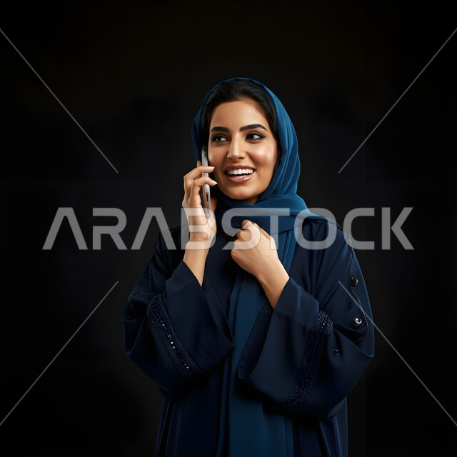 الإجابة والرد على الاتصالات بإستخدام الهاتف المحمول، التواصل والاطمئنان على الأصدقاء, قضاء اوقات ممتعة بتبادل الاخبار والأحاديث، بورتريه مقرب لامرأة عربية سعودية خليجية محجبة تقوم بإجراء مكالمة صوتية عبر الجوال، تعابير الفرح عند سماع الاخبار السارة، خلفية سوداء