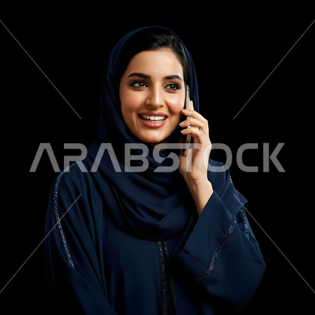 التواصل والاطمئنان على الأصدقاء, قضاء اوقات ممتعة بتبادل الاخبار والأحاديث، بورتريه مقرب لامرأة عربية سعودية خليجية محجبة تقوم بإجراء مكالمة صوتية عبر الجوال، الإجابة والرد على الاتصالات بإستخدام الهاتف المحمول، تعابير الفرح عند سماع الاخبار السارة، خلفية سوداء