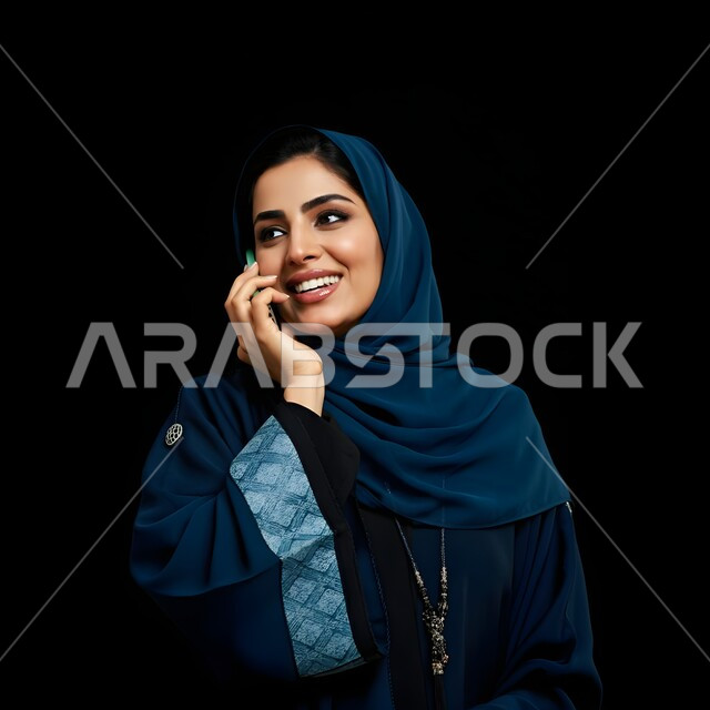 قضاء اوقات ممتعة بتبادل الاخبار والأحاديث، التواصل والاطمئنان على الأصدقاء, بورتريه مقرب لامرأة عربية سعودية خليجية محجبة تقوم بإجراء مكالمة صوتية عبر الجوال، الإجابة والرد على الاتصالات بإستخدام الهاتف المحمول، تعابير الفرح عند سماع الاخبار السارة، خلفية سوداء