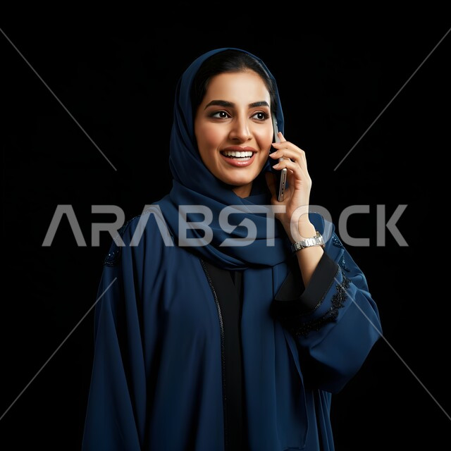 قضاء اوقات ممتعة بتبادل الاخبار والأحاديث، التواصل والاطمئنان على الأصدقاء, بورتريه مقرب لامرأة عربية سعودية خليجية محجبة تقوم بإجراء مكالمة صوتية عبر الجوال، الإجابة والرد على الاتصالات بإستخدام الهاتف المحمول، تعابير الفرح عند سماع الاخبار السارة، خلفية سوداء
