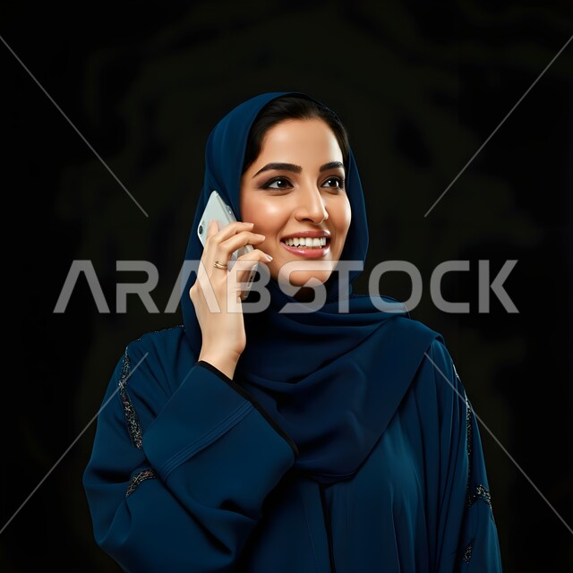 قضاء اوقات ممتعة بتبادل الاخبار والأحاديث، التواصل والاطمئنان على الأصدقاء, بورتريه مقرب لامرأة عربية سعودية خليجية محجبة تقوم بإجراء مكالمة صوتية عبر الجوال، الإجابة والرد على الاتصالات بإستخدام الهاتف المحمول، تعابير الفرح عند سماع الاخبار السارة، خلفية سوداء