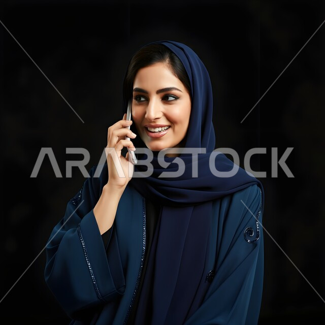 قضاء اوقات ممتعة بتبادل الاخبار والأحاديث، التواصل والاطمئنان على الأصدقاء, بورتريه مقرب لامرأة عربية سعودية خليجية محجبة تقوم بإجراء مكالمة صوتية عبر الجوال، الإجابة والرد على الاتصالات بإستخدام الهاتف المحمول، تعابير الفرح عند سماع الاخبار السارة، خلفية سوداء