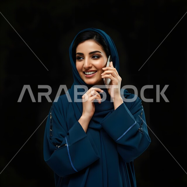 قضاء اوقات ممتعة بتبادل الاخبار والأحاديث، التواصل والاطمئنان على الأصدقاء, بورتريه مقرب لامرأة عربية سعودية خليجية محجبة تقوم بإجراء مكالمة صوتية عبر الجوال، الإجابة والرد على الاتصالات بإستخدام الهاتف المحمول، تعابير الفرح عند سماع الاخبار السارة، خلفية سوداء