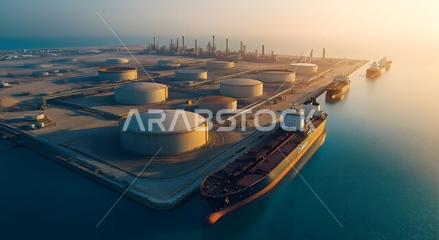 أهمية الميناء في حركة التجارة، المرافق الصناعية والهندسية الكبيرة، محطة شحن تجارية للوقود في المملكة العربية السعودية، صورة من الاعلى لخزانات تخزين النفط والسفن الراسية وقت غروب الشمس 