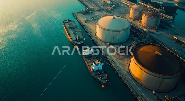 أهمية الميناء في حركة التجارة، المرافق الصناعية والهندسية الكبيرة، محطة شحن تجارية للوقود في المملكة العربية السعودية، صورة من الاعلى لخزانات تخزين النفط والسفن الراسية وقت غروب الشمس 