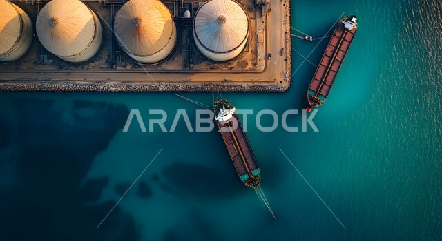 أهمية الميناء في حركة التجارة، المرافق الصناعية والهندسية الكبيرة، محطة شحن تجارية للوقود في المملكة العربية السعودية، صورة من الاعلى لخزانات تخزين النفط والسفن الراسية وقت غروب الشمس 