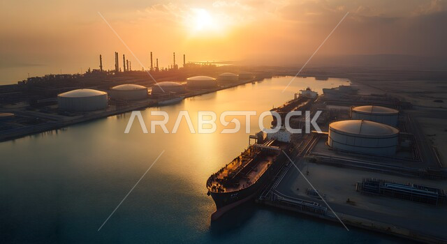  المرافق الصناعية والهندسية الكبيرة، أهمية الميناء في حركة التجارة، محطة شحن تجارية للوقود في المملكة العربية السعودية، صورة من الاعلى لخزانات تخزين النفط والسفن الراسية وقت غروب الشمس 