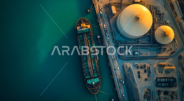  المرافق الصناعية والهندسية الكبيرة، أهمية الميناء في حركة التجارة، محطة شحن تجارية للوقود في المملكة العربية السعودية، صورة من الاعلى لخزانات تخزين النفط والسفن الراسية وقت غروب الشمس 