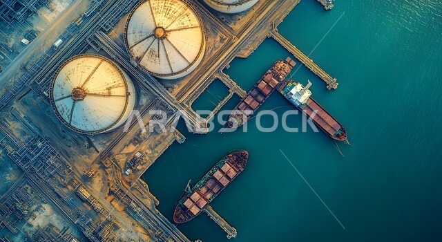  المرافق الصناعية والهندسية الكبيرة، أهمية الميناء في حركة التجارة، محطة شحن تجارية للوقود في المملكة العربية السعودية، صورة من الاعلى لخزانات تخزين النفط والسفن الراسية وقت غروب الشمس 