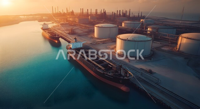  أهمية الميناء في حركة التجارة، محطة شحن تجارية للوقود في المملكة العربية السعودية، صورة من الاعلى لخزانات تخزين النفط والسفن الراسية وقت غروب الشمس، المرافق الصناعية والهندسية الكبيرة