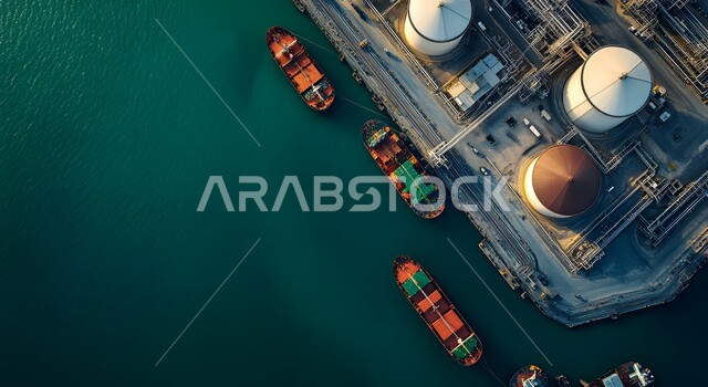  أهمية الميناء في حركة التجارة، محطة شحن تجارية للوقود في المملكة العربية السعودية، صورة من الاعلى لخزانات تخزين النفط والسفن الراسية وقت غروب الشمس، المرافق الصناعية والهندسية الكبيرة