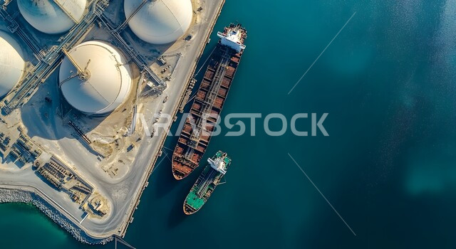  أهمية الميناء في حركة التجارة، محطة شحن تجارية للوقود في المملكة العربية السعودية، صورة من الاعلى لخزانات تخزين النفط والسفن الراسية وقت غروب الشمس، المرافق الصناعية والهندسية الكبيرة