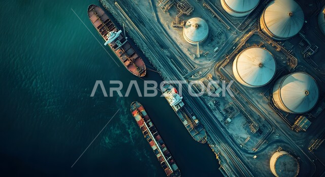  أهمية الميناء في حركة التجارة، محطة شحن تجارية للوقود في المملكة العربية السعودية، صورة من الاعلى لخزانات تخزين النفط والسفن الراسية وقت غروب الشمس، المرافق الصناعية والهندسية الكبيرة