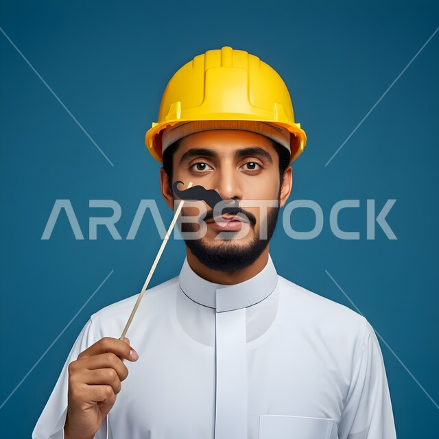 اليوم العالمي للرجل 19 نوفمبر، مفهوم الهندسة المعمارية والإنشاءات، تعابير الرجولة و القوة والثقة بالنفس, بورتريه مقرب لمهندس عربي خليجي سعودي يمسك بيده قصاصة ورقية على شكل شارب باللون الأسود، الإشراف وتدقيق الأعمال الهندسية، خلفية زرقاء