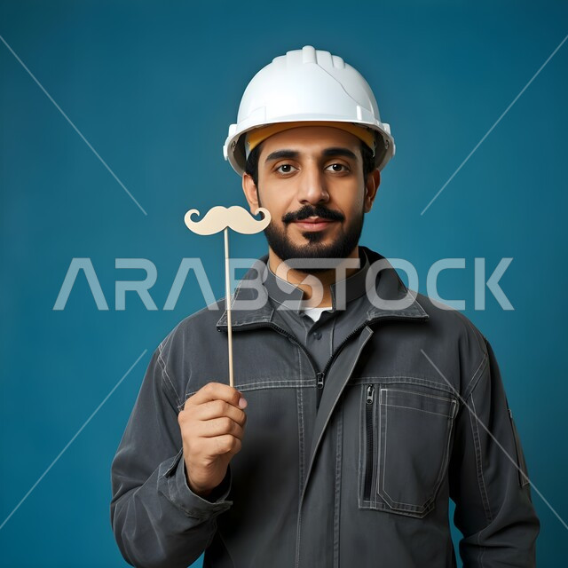 الإشراف وتدقيق الأعمال الهندسية، اليوم العالمي للرجل 19 نوفمبر، مفهوم الهندسة المعمارية والإنشاءات، تعابير الرجولة و القوة والثقة بالنفس, بورتريه مقرب لمهندس عربي خليجي سعودي يمسك بيده قصاصة ورقية على شكل شارب باللون الأسود، خلفية زرقاء