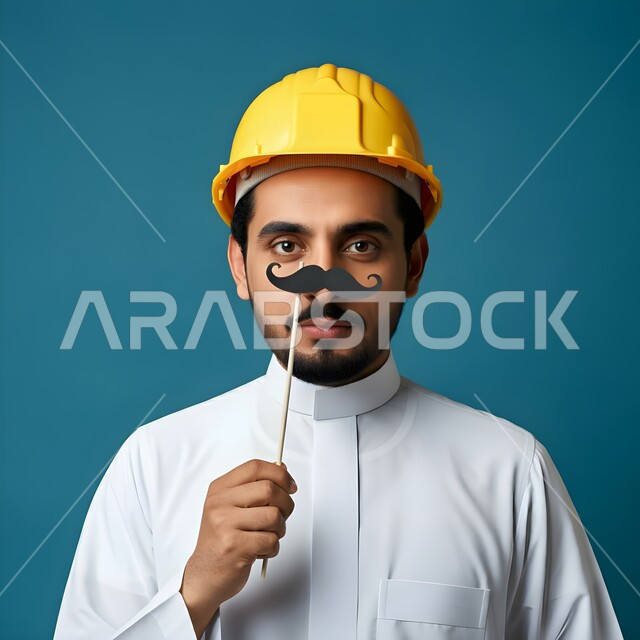 الإشراف وتدقيق الأعمال الهندسية، اليوم العالمي للرجل 19 نوفمبر، مفهوم الهندسة المعمارية والإنشاءات، تعابير الرجولة و القوة والثقة بالنفس, بورتريه مقرب لمهندس عربي خليجي سعودي يمسك بيده قصاصة ورقية على شكل شارب باللون الأسود، خلفية زرقاء