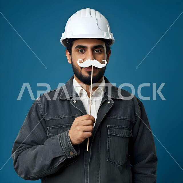 الإشراف وتدقيق الأعمال الهندسية، اليوم العالمي للرجل 19 نوفمبر، مفهوم الهندسة المعمارية والإنشاءات، تعابير الرجولة و القوة والثقة بالنفس, بورتريه مقرب لمهندس عربي خليجي سعودي يمسك بيده قصاصة ورقية على شكل شارب باللون الأسود، خلفية زرقاء