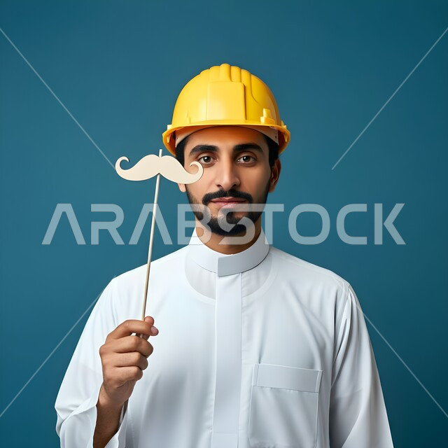 الإشراف وتدقيق الأعمال الهندسية، اليوم العالمي للرجل 19 نوفمبر، مفهوم الهندسة المعمارية والإنشاءات، تعابير الرجولة و القوة والثقة بالنفس, بورتريه مقرب لمهندس عربي خليجي سعودي يمسك بيده قصاصة ورقية على شكل شارب باللون الأسود، خلفية زرقاء