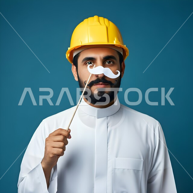 تعابير الرجولة و القوة والثقة بالنفس, الإشراف وتدقيق الأعمال الهندسية، اليوم العالمي للرجل 19 نوفمبر، مفهوم الهندسة المعمارية والإنشاءات، بورتريه مقرب لمهندس عربي خليجي سعودي يمسك بيده قصاصة ورقية على شكل شارب باللون الأسود، خلفية زرقاء