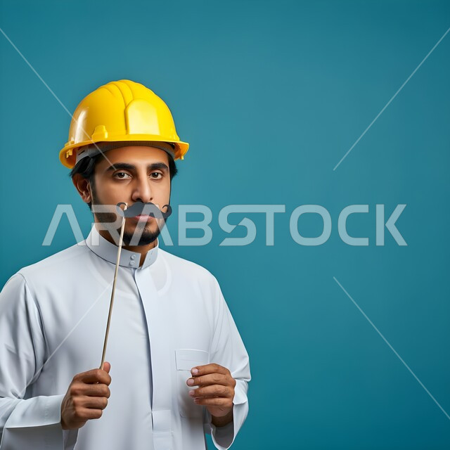 تعابير الرجولة و القوة والثقة بالنفس, الإشراف وتدقيق الأعمال الهندسية، اليوم العالمي للرجل 19 نوفمبر، مفهوم الهندسة المعمارية والإنشاءات، بورتريه مقرب لمهندس عربي خليجي سعودي يمسك بيده قصاصة ورقية على شكل شارب باللون الأسود، خلفية زرقاء