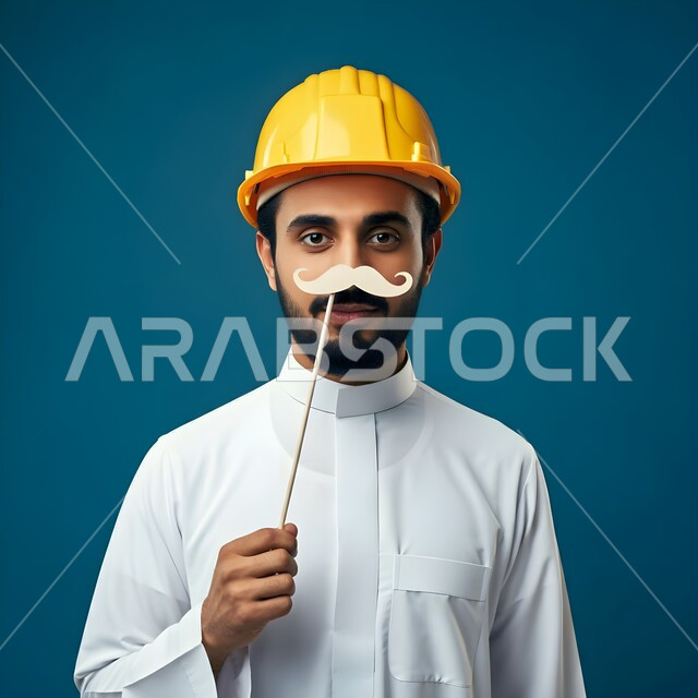 تعابير الرجولة و القوة والثقة بالنفس, الإشراف وتدقيق الأعمال الهندسية، اليوم العالمي للرجل 19 نوفمبر، مفهوم الهندسة المعمارية والإنشاءات، بورتريه مقرب لمهندس عربي خليجي سعودي يمسك بيده قصاصة ورقية على شكل شارب باللون الأسود، خلفية زرقاء